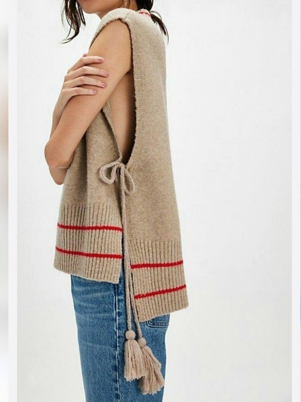 Free People NEW All Star Tassel Poncho Oversized Knit Sweater Vest One Size XL - Picture 4 of 10